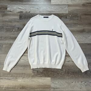 Vintage Nautica White Cotton Crewneck Sweater XL Made in Hong Kong